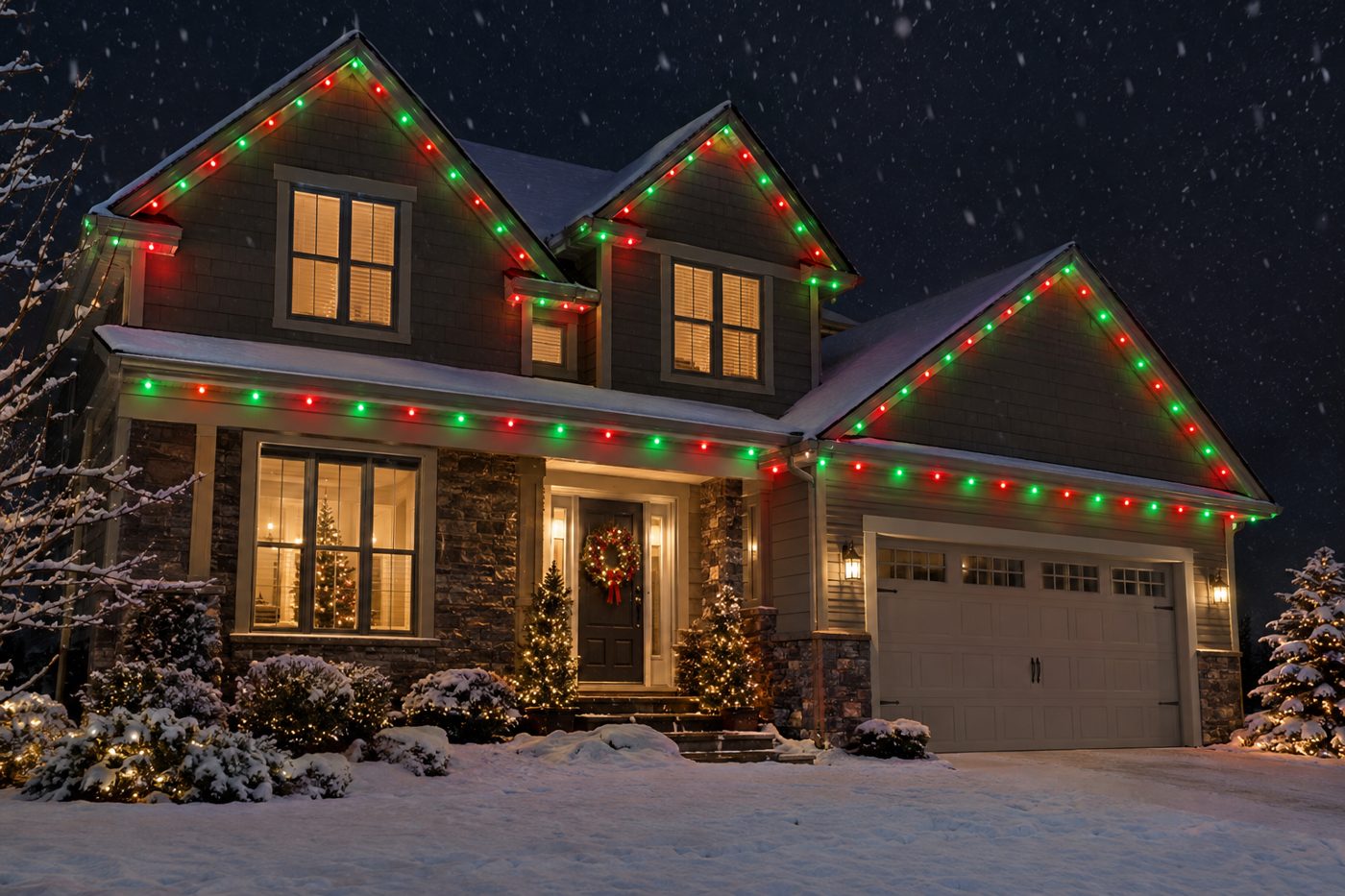 Red and green holiday roofline lighting