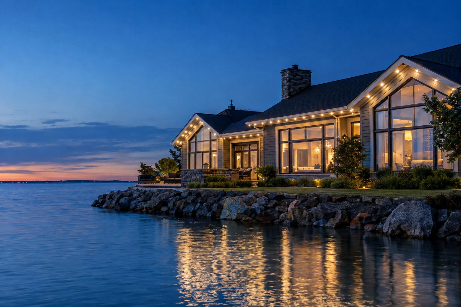 Home lit with permanent roofline lighting